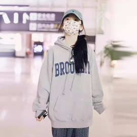 BM风章若楠同款美式字母印花bm套头连帽卫衣女袋鼠兜上衣