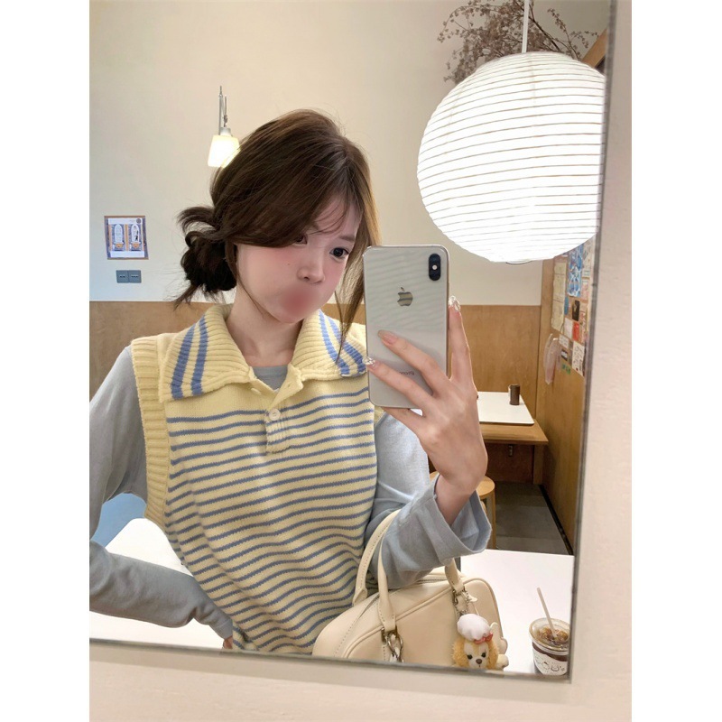 韩女氛围条纹冰淇淋无袖背心软糯温柔风简约2025翻领拼色条纹马甲|undefined