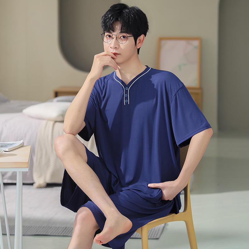 Men's large size pajamas summer modal short sleeve shorts thin V-neck solid color home clothing set manufacturers wholesale