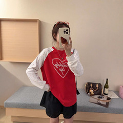 韩代字母爱心刺绣波点撞色插肩袖T恤女秋季新款宽松休闲长袖上衣