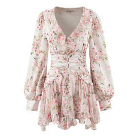 欧美风2025秋季新款碎花荷叶边饰褶皱收腰V领长袖连衣裙R10-A575