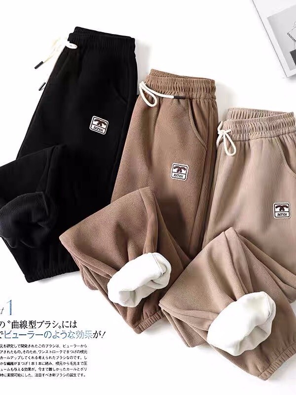 Popular winter Olympic fleece sweatpants fleece-lined thickened wooden cotton fleece ankle-tied women's vertical stripe warm pants support one-piece delivery