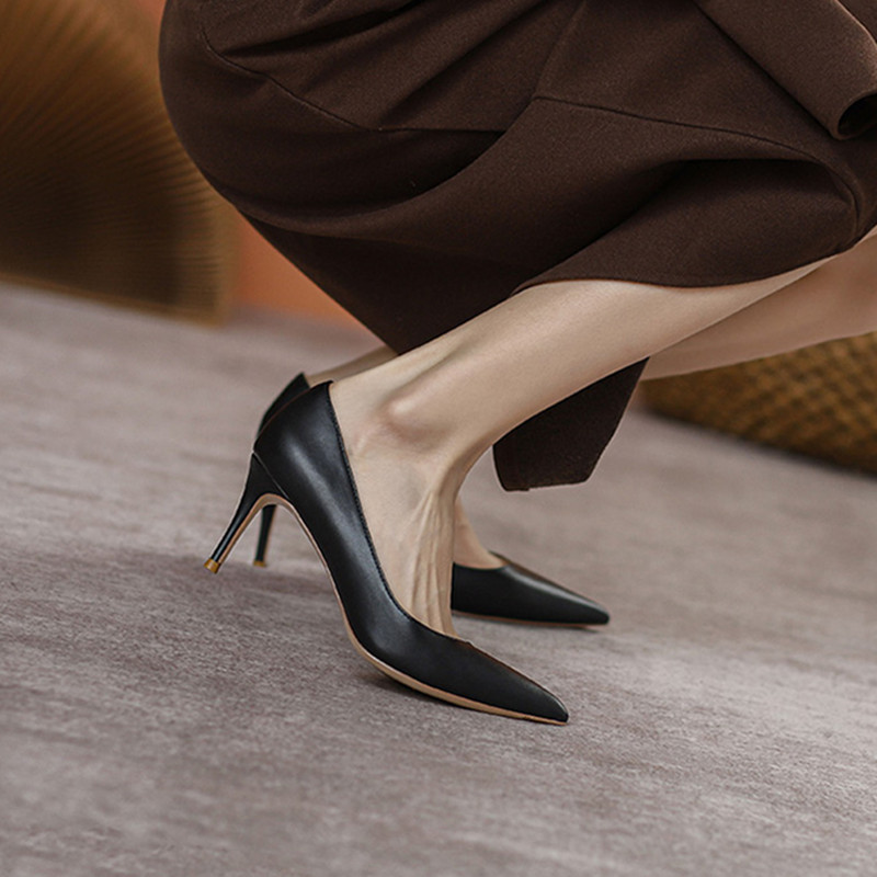 Size 32-45 Genuine Leather 2026 New Style French Pointed-Toe High-Heeled Shoes Black Work-Style Elegant Wide-Footed Stiletto Single Shoes for Women