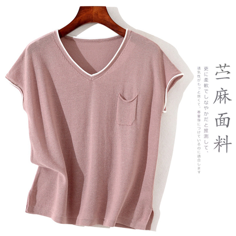 Color-Blocked Ramie Short-Sleeved Spring and Autumn Large Size Loose Short Outer Knitwear Versatile Women's Tops Wholesale Color-Blocked Design