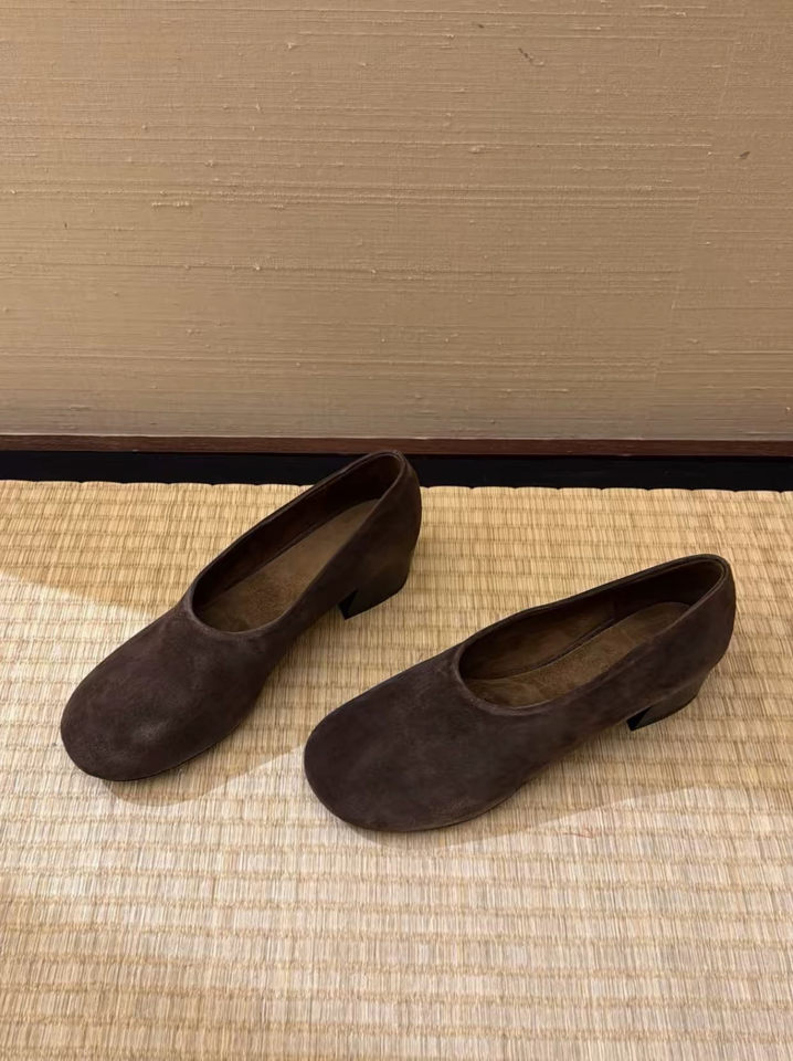 Giày lười nữ da bò mũi tròn gót thô 3 cm phối đồ dễ dàng — Màu nâu, màu đen chi tiết 7