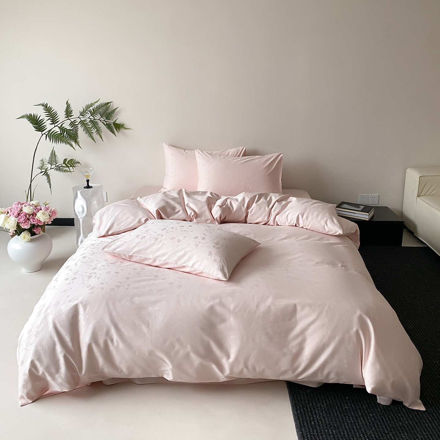 Juego de cama de cuatro piezas de algodón de fibra larga satinado 100S de alta gama, juego de cuatro piezas de algodón puro jacquard, funda nórdica, sábana ajustable