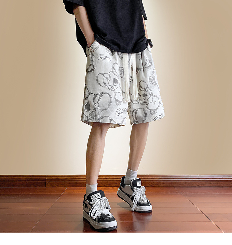 Men's Bear Print Drawstring Shorts, Loose Fit High Street Casual Shorts, Summer Streetwear Mid-Thigh Shorts_viptrois.com