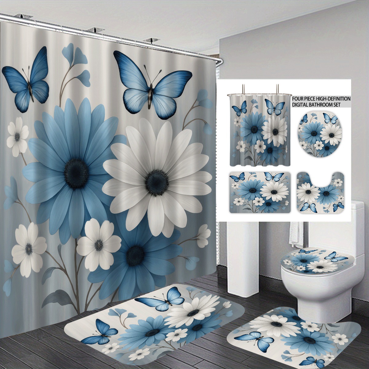 Agente de poliéster Mei Ke más cortina de baño impermeable serie de agua floral 3D impresión digital cortina de baño cuatro piezas alfombra absorbente