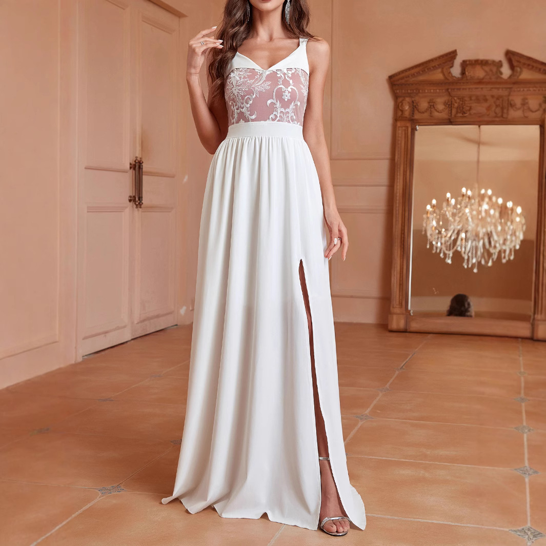 Ropa de mujer de comercio exterior de Europa y América Venta caliente color sólido sin espalda vestido largo transfronterizo encaje largo blanco sexy vestido dividido