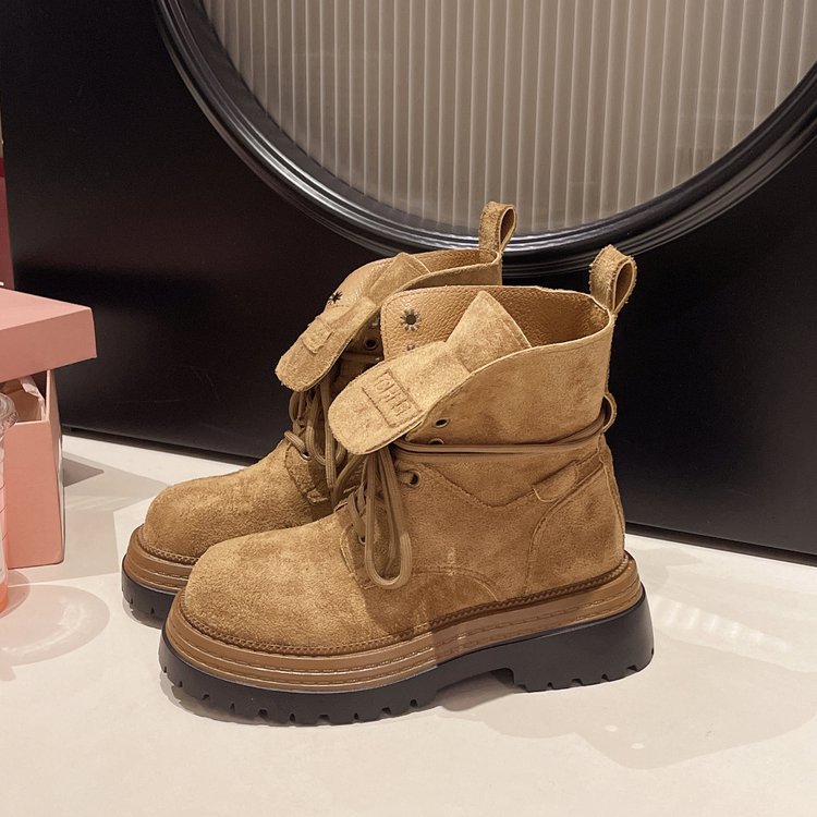 新款牛皮款美拉德棕色机车大头英伦中筒短靴 厚底增高马丁靴女