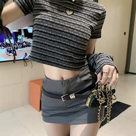辣妹爱心条纹镂空袖套T恤女夏季2023新款百搭短款修身显瘦上衣
