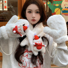 可爱小熊毛绒手套女冬季圣诞围巾保暖加厚学生挂脖连指围脖套装潮