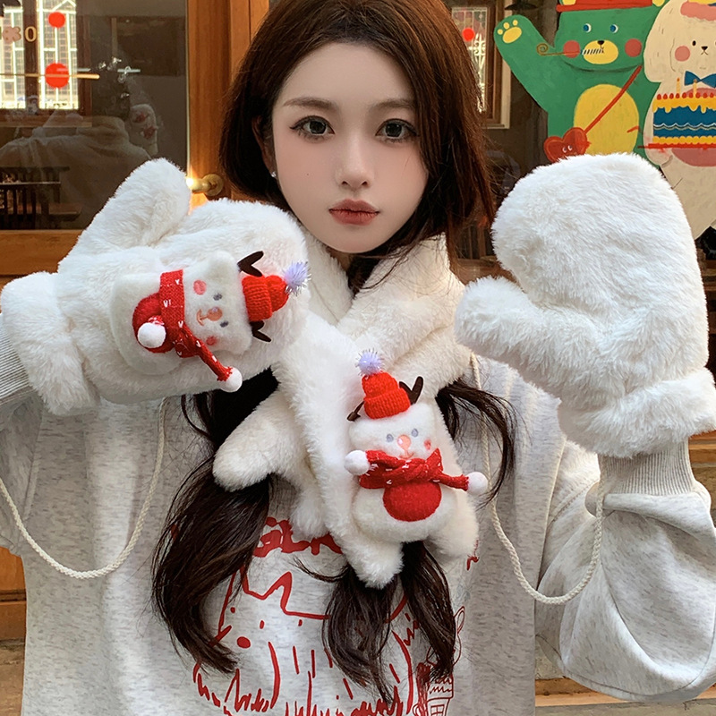 可爱小熊毛绒手套女冬季圣诞围巾保暖加厚学生挂脖连指围脖套装潮