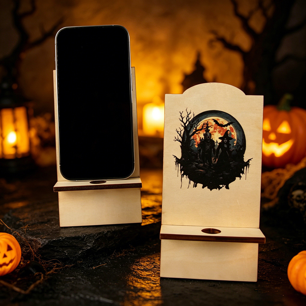 Holder de madera para teléfonos móviles de Halloween, marco de carga multipropósito desmontable, marco de soporte de escritorio plano para decoración del festival fantasma