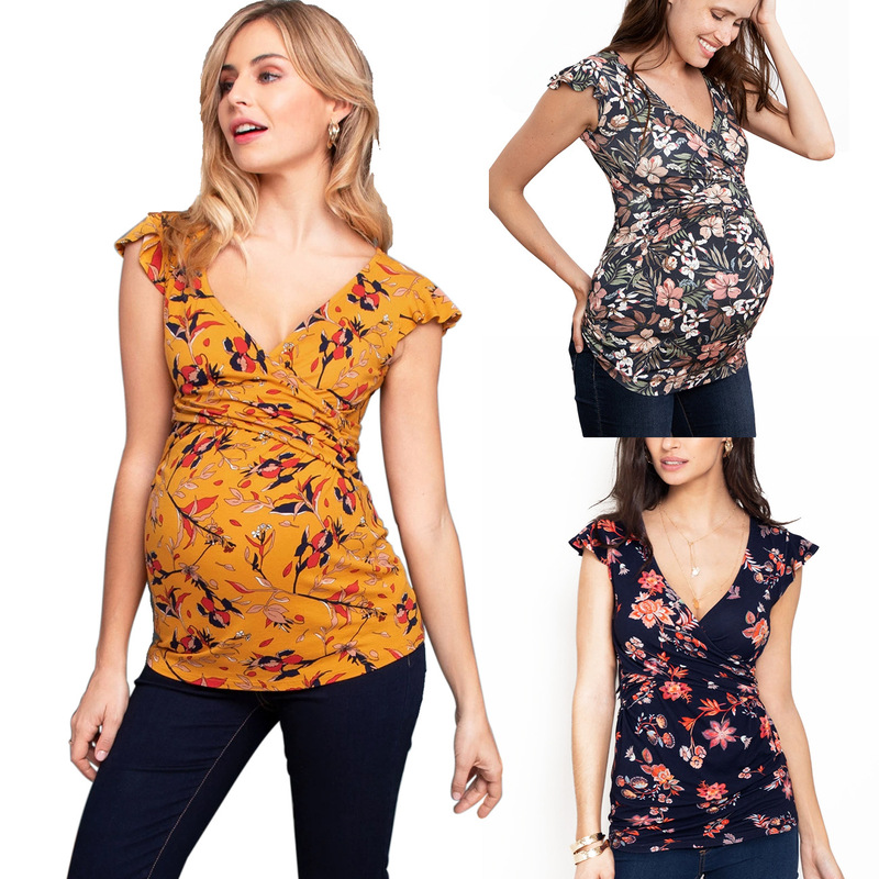 Amazon in stock Maternity Fashion Printed Deep V-Neck Cross Breastfeeding T-Shirt Women's Vest