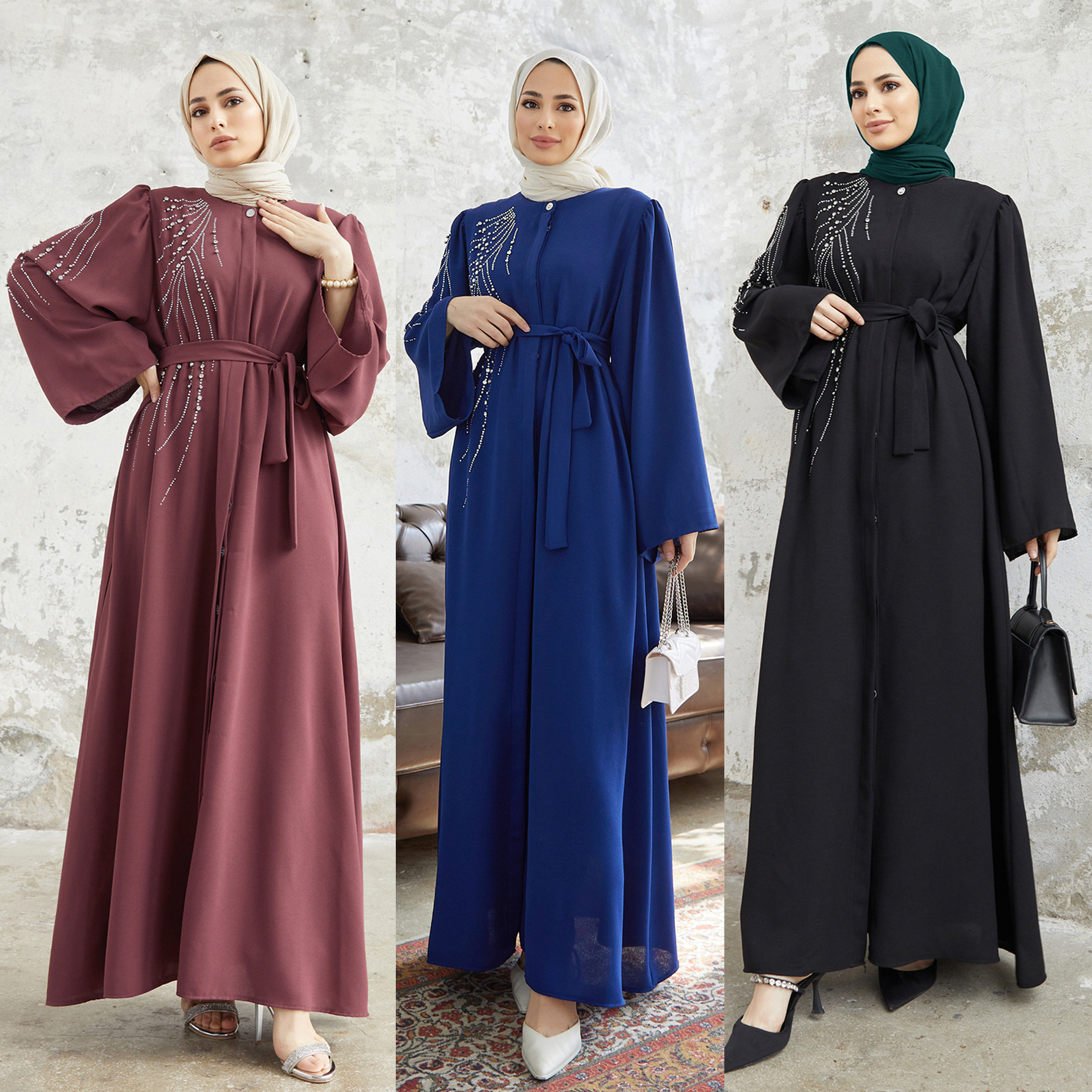 Quality Production Muslim Middle Eastern Women's Clothing Turkish Dubai Heavy Beaded And Rhinestone Long Robe_ecoleips.com