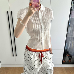 小众rare*y彼得领花边系带短袖衬衫女25夏季减龄娃娃翻领微透上衣