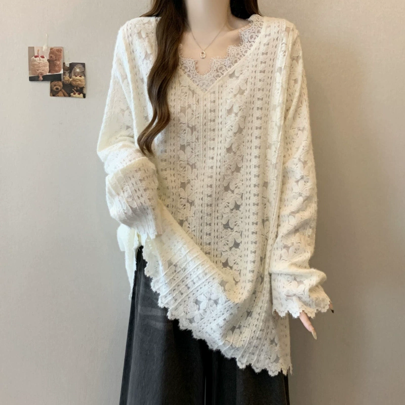 Long lace demi-season long-sleeve, V-образный вырез, середина длины, для полных женщин, оверсайз