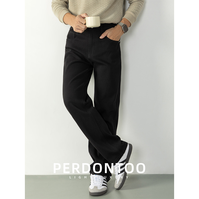 [Urban Commuting] High Street Washed Black Straight-Leg Jeans for Men, Slightly Wide Four-Way Stretch Casual Long Pants for Men