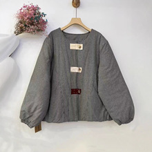 日系森系格子加棉棉衣女冬季新款宽松百搭减龄文艺圆领棉袄外套女