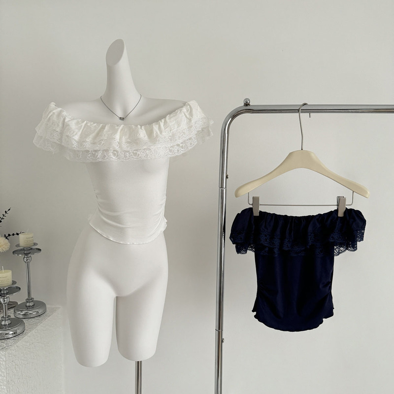 Ruffled Asymmetrical Neckline Off-Shoulder Short-Sleeve T-Shirt for Women, Summer Lace Trim, Slim Fit, Pure Desire, Sexy Short White Top