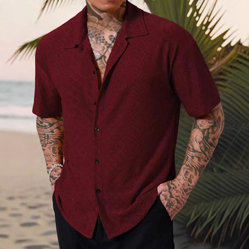 Cross-border Amazon summer new men's breathable turn-down collar solid color versatile button short-sleeve shirt casual T-shirt for men Cross-border Amazon summer new men's breathable turn-down collar solid color versatile button short-sleeve shirt casual T-shirt for men