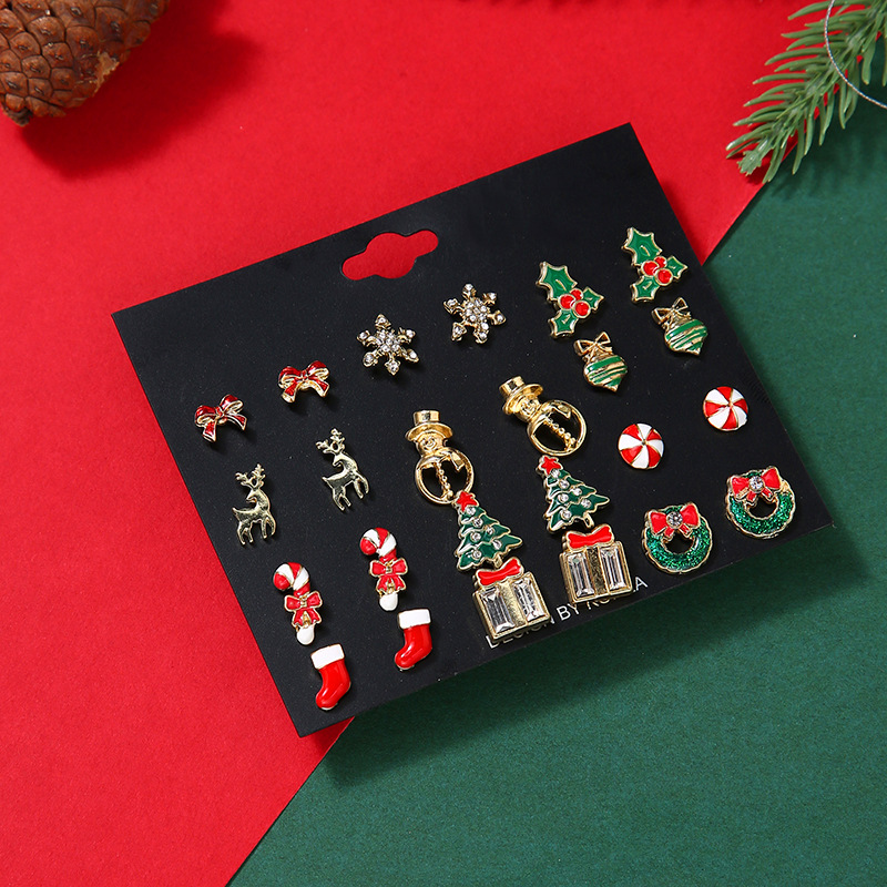 Cute Christmas Tree Christmas Socks Snowflake Alloy Enamel Plating Inlay Rhinestones Ear Studs 1 Set display picture 1