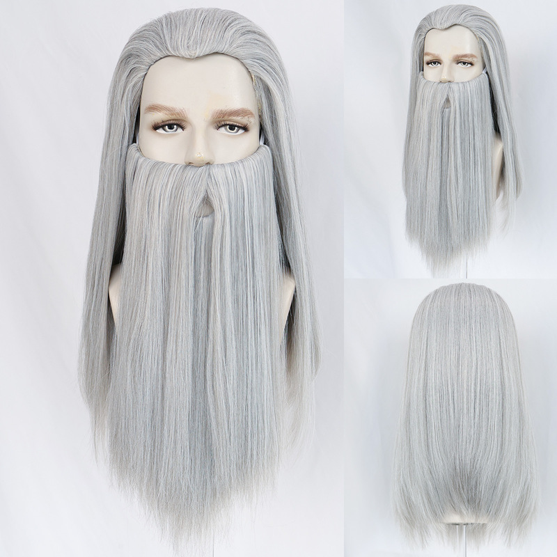 Amazon's Best-Selling European and American Halloween Wizard Cosplay Wig Gray Straight Hair + Beard Magician Cos Wig