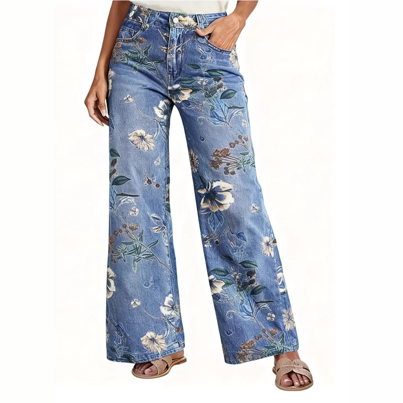 Women's Loose Barrel-Shaped Jeans, Boyfriend-Style Mid-Waist Leopard Print Wide-Leg Jeans, Fashionable Loose Fit