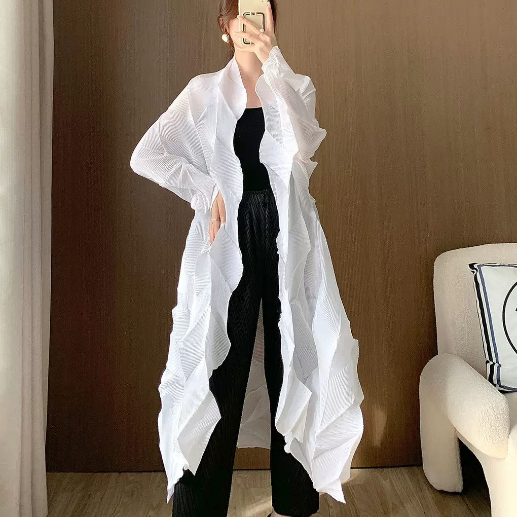 三宅高端风衣女高级感春秋长款外贸女装不规则设计感洋装白色外套