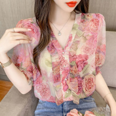 フレンチ V ネック花柄シャツ女性の夏の 2025 新しいスタイルファッショナブルなフリル半袖ピンクシフォントップ