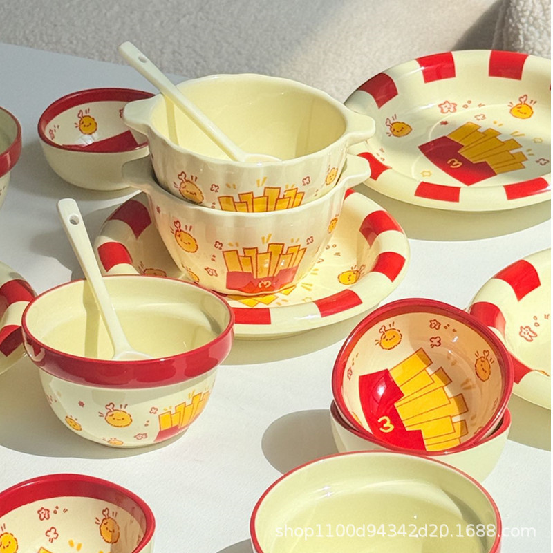 French Fries Ceramic Household 2025 New High-Value Tableware Cute Cartoon Good-Looking Rice Bowls Plates Dishes Set