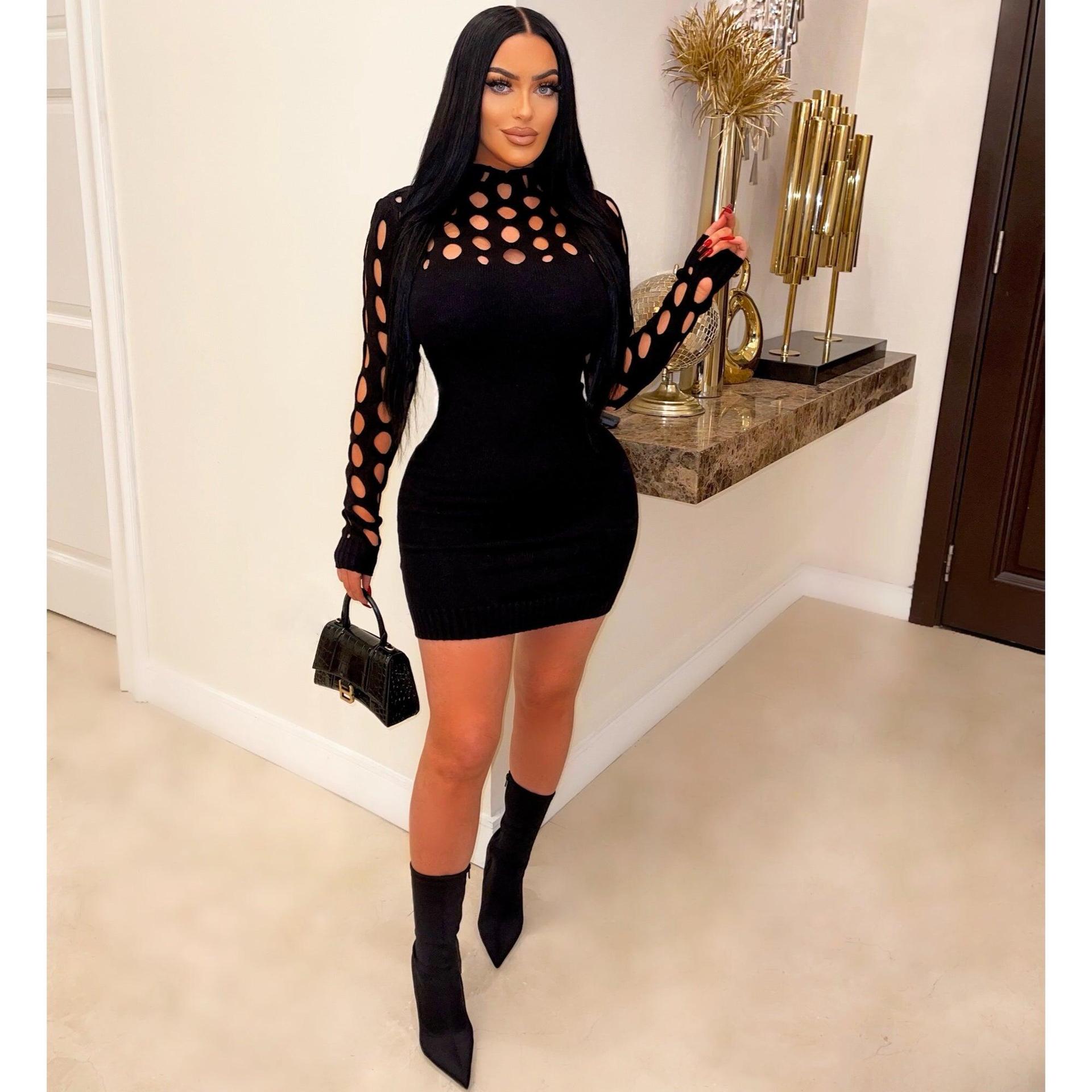 Vêtements pour femmes à la mode robe tricotée sexy jupe en laine moulante à manches longues creuses_voghion.com