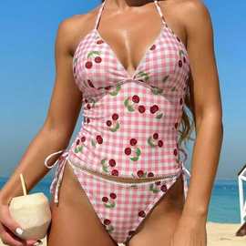2026欧美跨境新款樱桃印花纯欲风比基尼系带修身显瘦沙滩分体泳衣