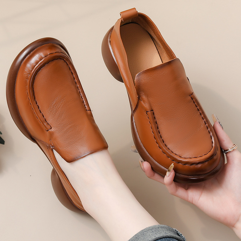 Genuine Leather 2025 Autumn New Comfortable Single Shoes High Heels Chunky Heel Mom Shoes Thick-Soled Loafers for Women