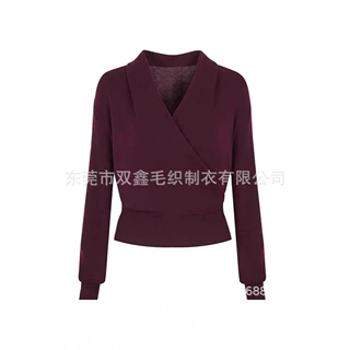纯色V领长袖上衣2025新款短款交叉设计毛衣针织衫v领毛衣女批发