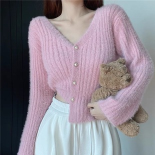 New French style sable pearl button sweater design with long-sleeved niche short knitted cardigan