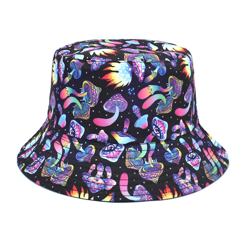 アマゾンの新作カラフルなキノコ柄フィッシャーマンハット、男女兼用アウトドアカジュアル日よけ帽子、漫画風両面バケットハット