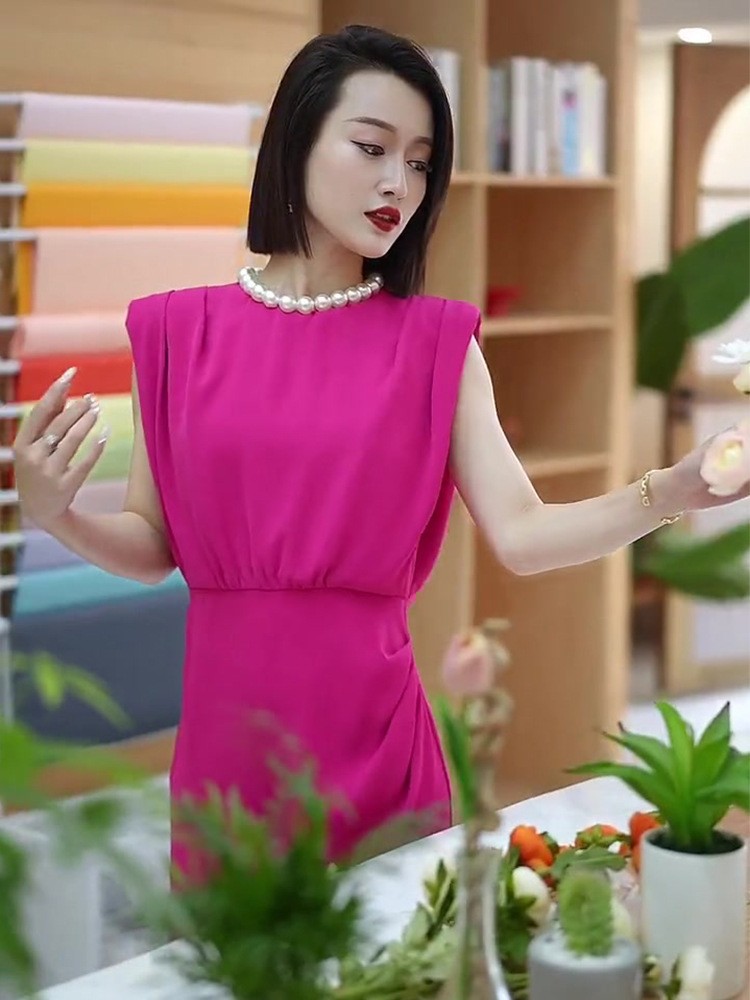 Đầm ôm body nữ lưng trần phong cách Pháp tay ngắn mùa hè — Váy hồng hoa hồng, váy đen chi tiết 4