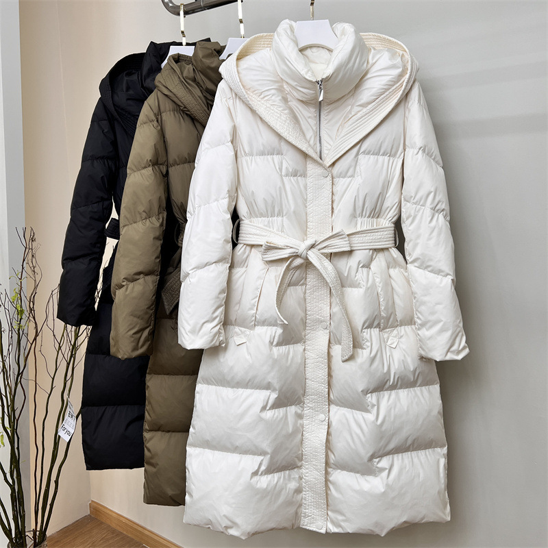 European Hooded Long down Jacket for Women over the Knee Thickeneded Slimming Look Belt Style Warm Jacket 2024 New Style European Hooded Long down Jacket for Women over the Knee Thickeneded Slimming Look Belt Style Warm Jacket 2024 New Style