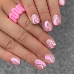 Sweet Short Round Head European and American Girl Pink Ripple Glitter Striped Cute False Nails Foreign Trade Nail Sheet