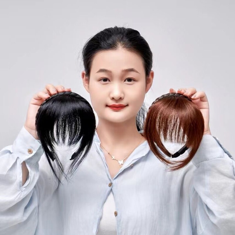 Xuchang Wig with Bangs Integrated, Real and Fake Front Forehead Curtain, Sideburns to Cover Gray Hair, Short Bangs Wig Piece, Seamless