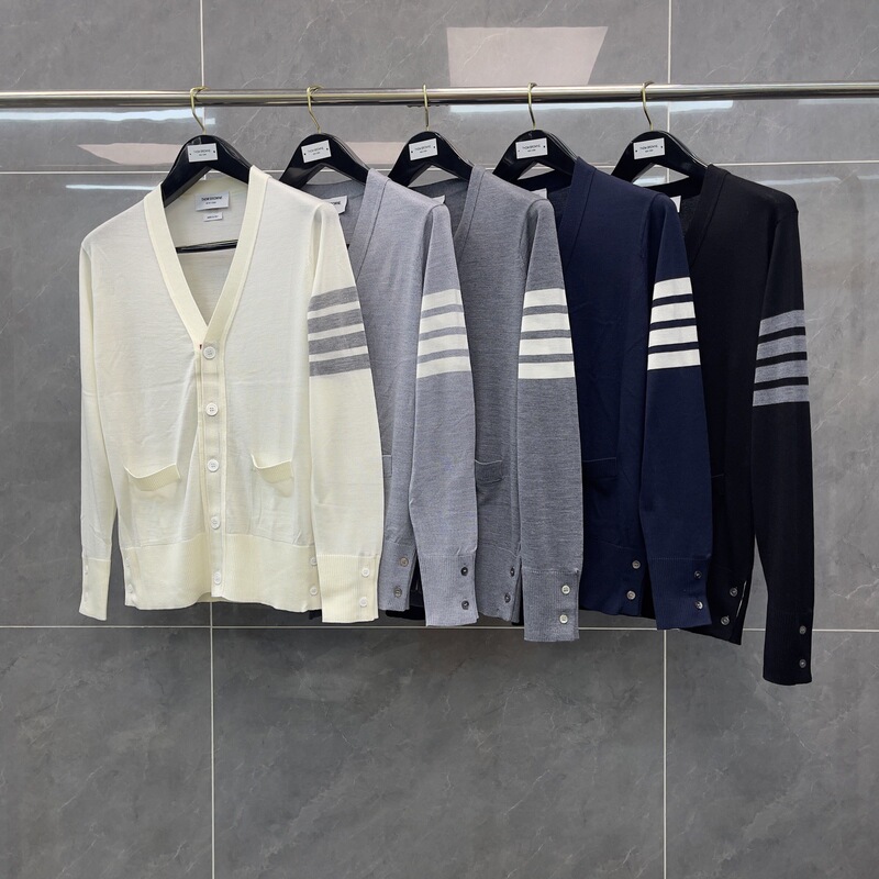Trendy Tb New Classic Striped Four-Bar Thin V-Neck Five-Button Wool Knit Cardigan Unisex Couple Versatile