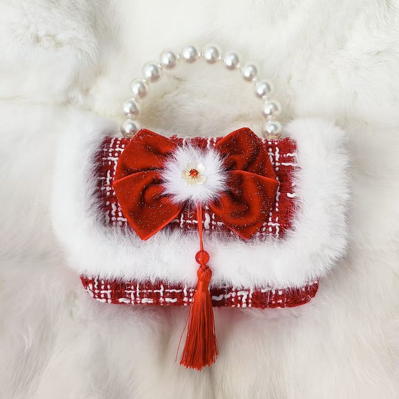 Gran arco rojo bolso de princesa bolso de perla bolso de Año Nuevo bolso de cambio accesorios cadena de hombro