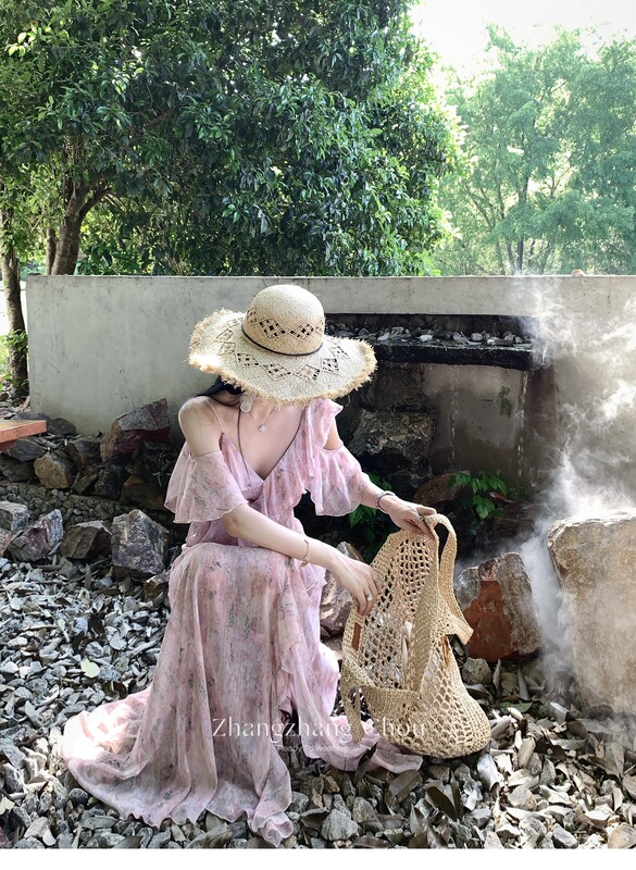 Pink Floral Dress for Summer Women 2025 New Style Tea Break French Style High-End Irregular Ruffled Chiffon Long Dress Pink Floral Dress for Summer Women 2025 New Style Tea Break French Style High-End Irregular Ruffled Chiffon Long Dress