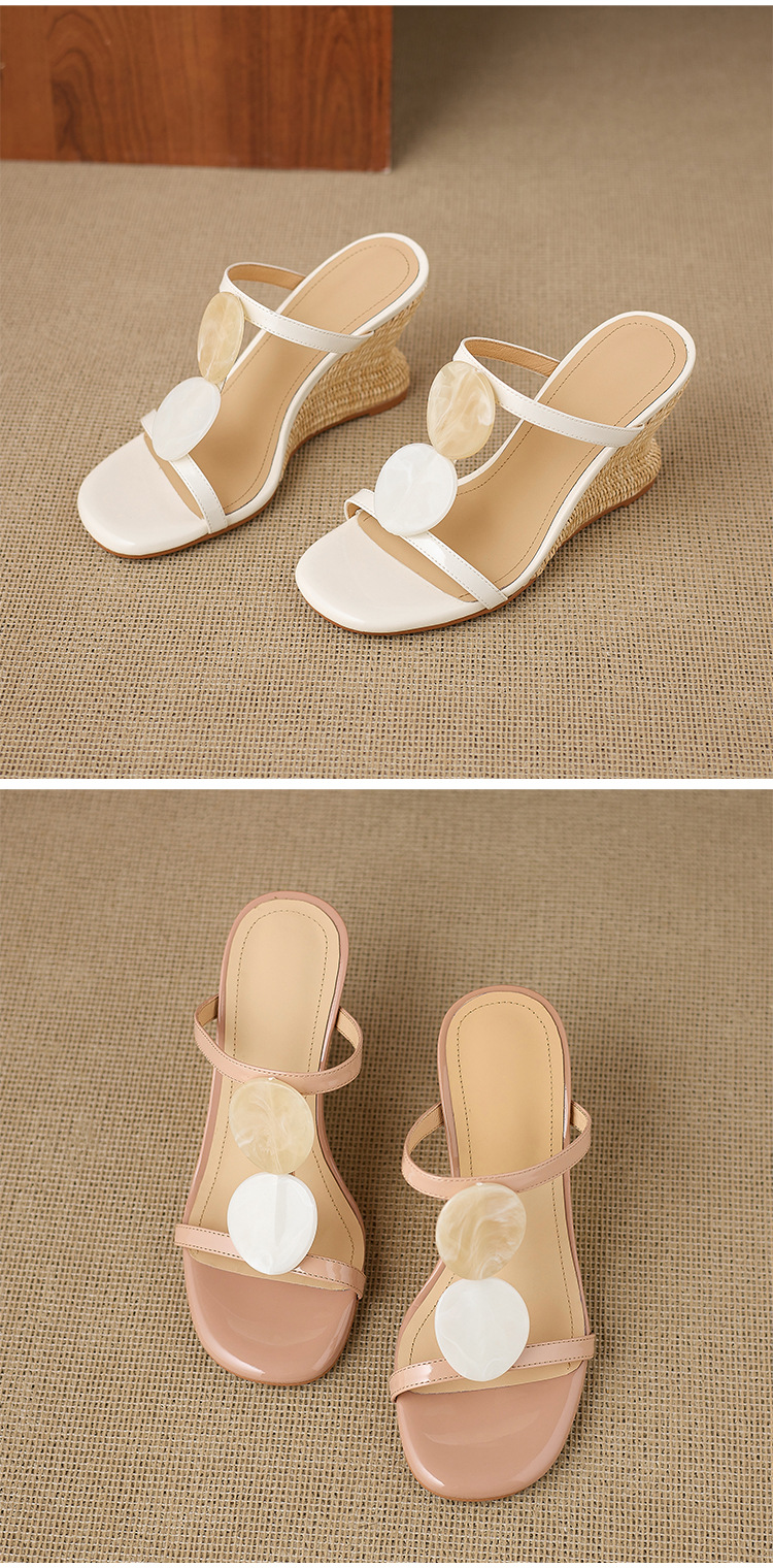 Dép sandal nữ quai chữ V đế xuồng bện rơm gót cao 7 cm — Trần truồng hồng, màu trắng ngà chi tiết 13