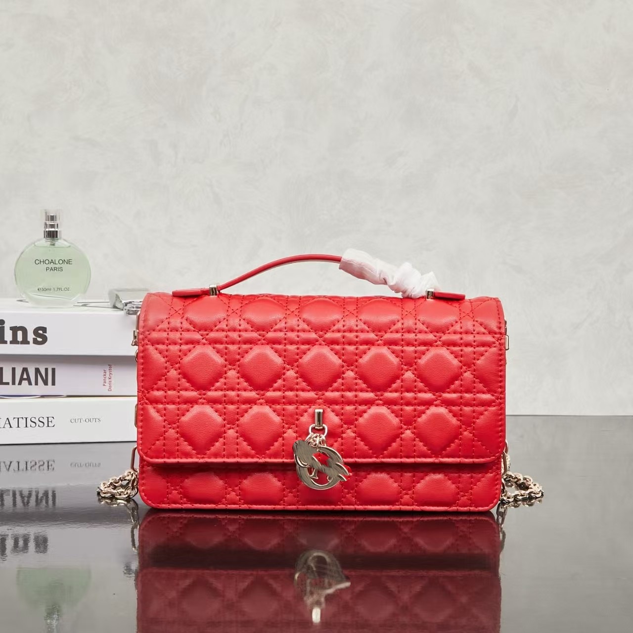 Dior üslubunda kiçik kvadrat çarpaz çanta, zəncirli