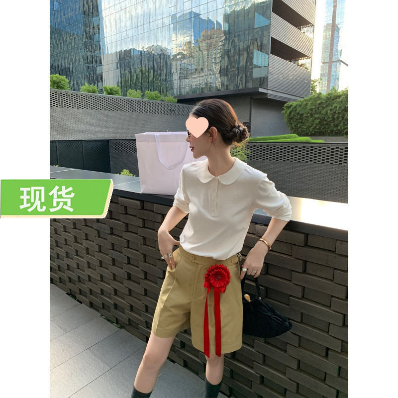 le rouge Zhou Meimei cute and scholarly doll-style round collar half-placket colorful dot layered base T-shirt