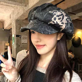 韩系复古水洗铆钉八角帽女春秋季小众百搭贝雷帽大头围显脸小帽子