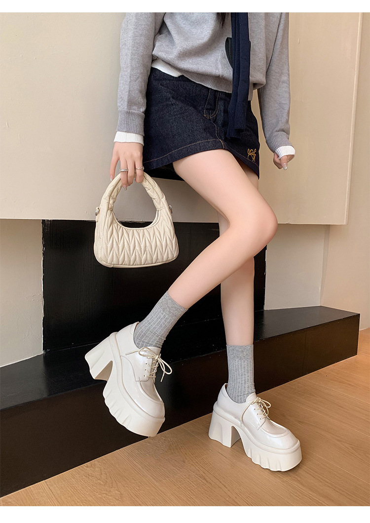 Giày loafer nữ đế xuồng platform gót vuông dây buộc da thật — màu đen, màu trắng ngà chi tiết 9